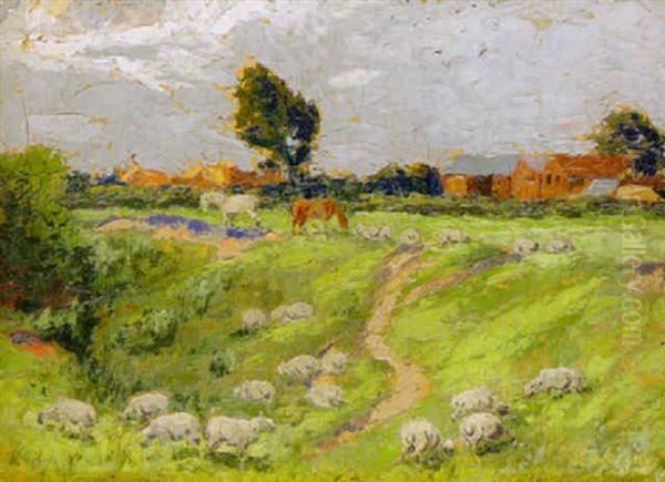 Franskt Landskap Med Betande Far Oil Painting by Charles-Francois Daubigny