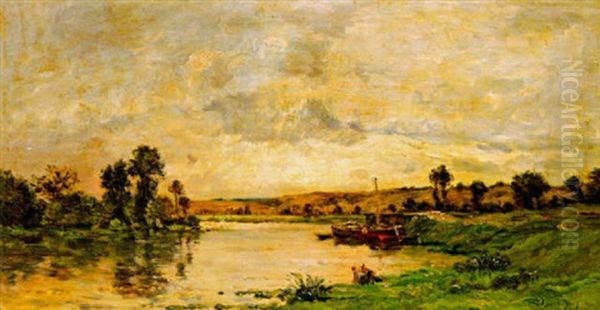Washer Women On The Banks Of A River Oil Painting by Charles-Francois Daubigny