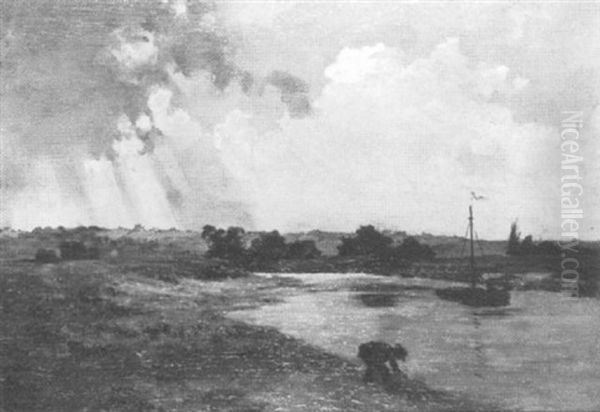 River Landscape With Boat And Figure Oil Painting by Charles-Francois Daubigny