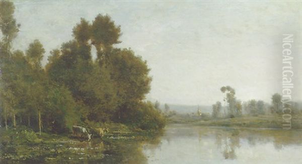 Au Bord De La Riviere Oil Painting by Charles-Francois Daubigny
