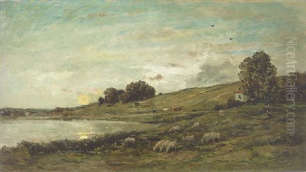 Troupeau De Moutons Au Bord De La Riviere Oil Painting by Charles-Francois Daubigny