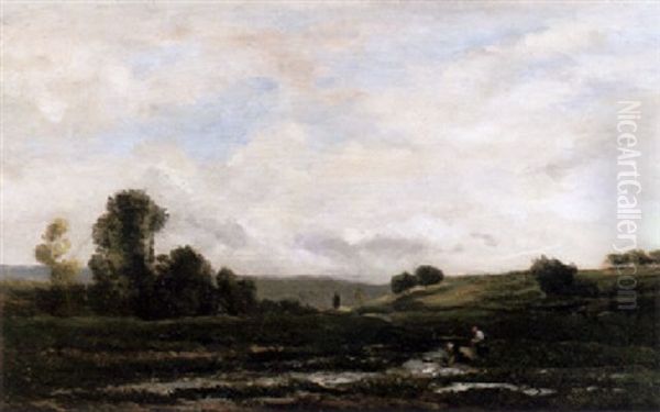 Weite, Hugelige, Mit Einzelnen Baumgruppen Bewachsene Landschaft Oil Painting by Charles-Francois Daubigny