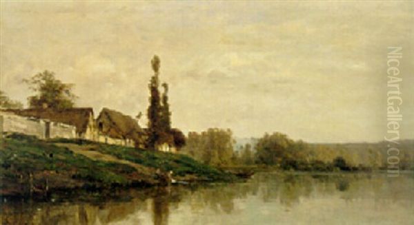 A Village On The Seine Oil Painting by Charles-Francois Daubigny