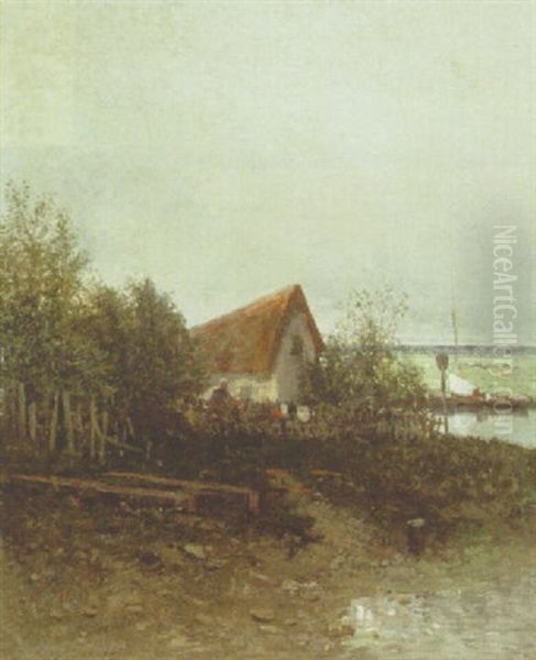A Figure By A Cottage Oil Painting by Charles-Francois Daubigny