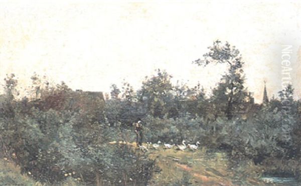 Sommarlandskap Med Kvinna Och Gass Oil Painting by Charles-Francois Daubigny