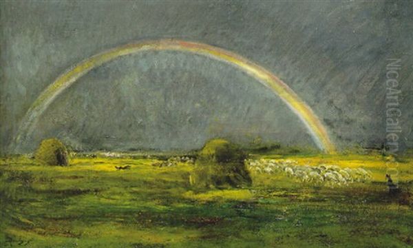 Sheep In A Landscape With A Rainbow Beyond Oil Painting by Charles-Francois Daubigny
