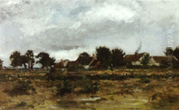 A Stormy Landscape With Figures In A Field And A View Of A Village Oil Painting by Charles-Francois Daubigny