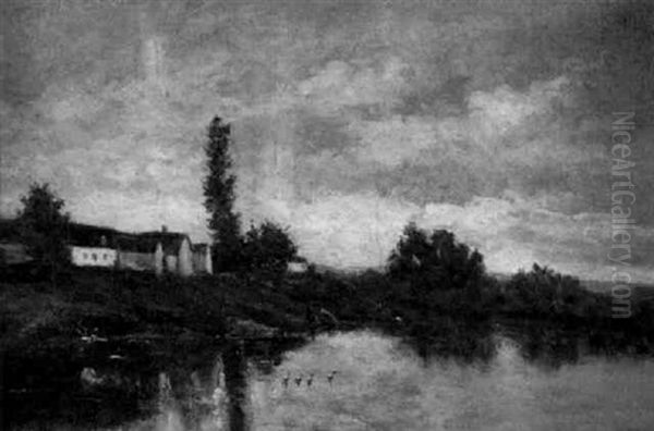 Baumbestandene Fluslandschaft Oil Painting by Charles-Francois Daubigny