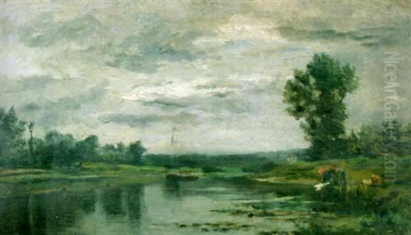 Washerwomen On A Riverbank Oil Painting by Charles-Francois Daubigny