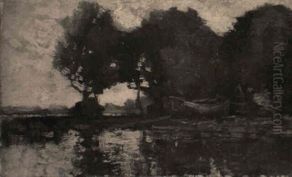 Flusufer Mit Einem Land Gezogenen Fischerboot Oil Painting by Charles-Francois Daubigny