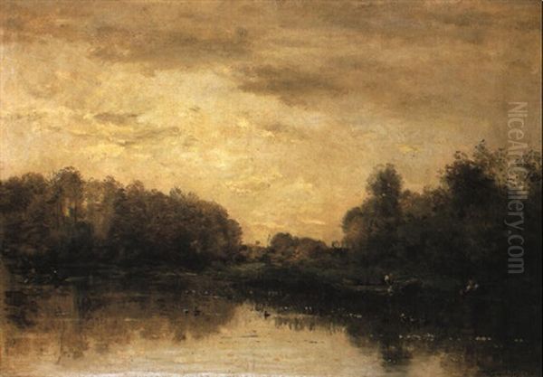 Wooded River Landscape With Figures In Boats Oil Painting by Charles-Francois Daubigny