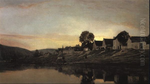 Un Village Pres De Bonnieres Oil Painting by Charles-Francois Daubigny
