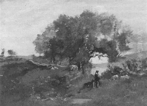A Shepherd In A Landscape Oil Painting by Charles-Francois Daubigny