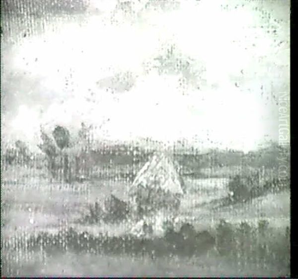 Wiesenlandschaft Mit Hecken Und Machtiger Strohfeime. Oil Painting by Charles-Francois Daubigny