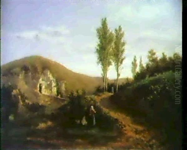 Hugellandschaft Mit Felshohlen Links, Im Mittelgrund Einer  Beerensammlerin Mit Kind Vor Buschwerk Und Auf Dem Weg Oil Painting by Charles-Francois Daubigny