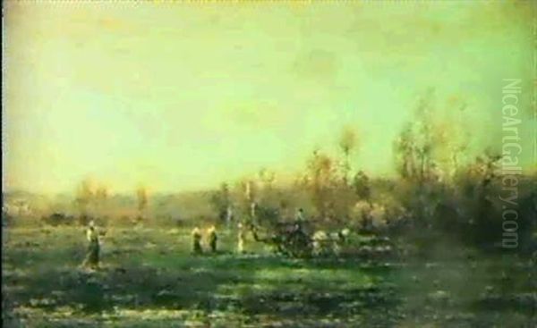 Landscape With Fieldworkers Oil Painting by Charles-Francois Daubigny