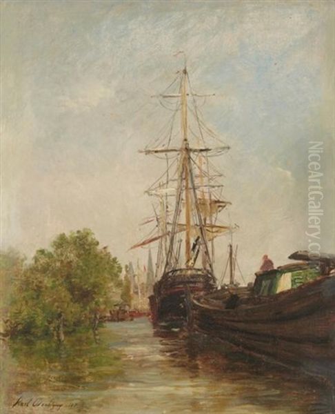 Bateau A Quai Oil Painting by Karl Pierre Daubigny