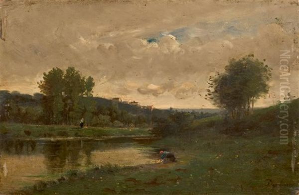 Paysage A La Lavandiere Oil Painting by Karl Pierre Daubigny