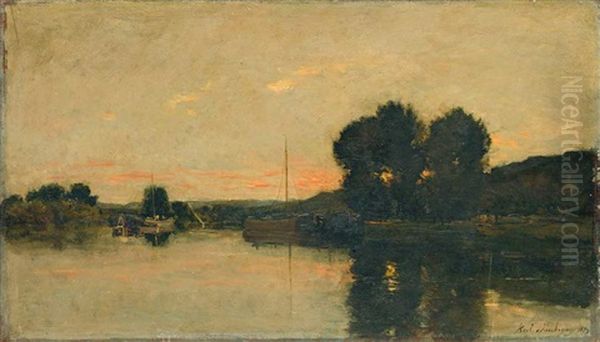 Abendliche Flusslandschaft Mit Lastkahnen Und Malerischer Baumgruppe Am Ufer Oil Painting by Karl Pierre Daubigny