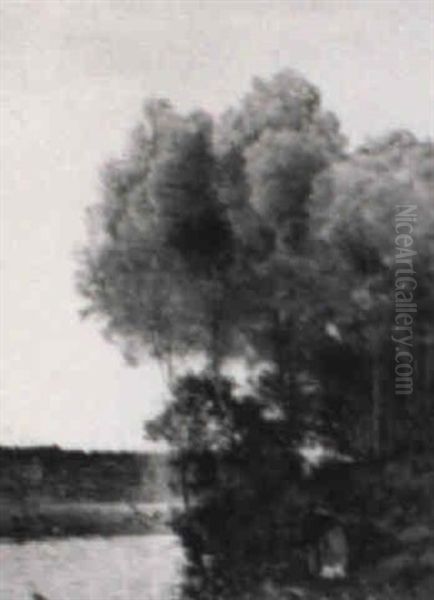 Lovers Walking Along The Riverbank Oil Painting by Karl Pierre Daubigny