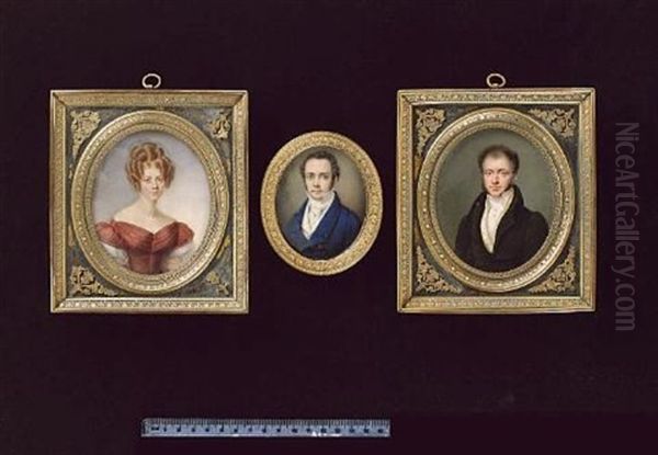 A Lady Wearing Crimson Dress With White Gauze Sleeves, Her Auburn Hair In Ringlets (+ A Gentleman Wearing Dark Green Coat With Black Collar, Yellow Waistcoat And White Cravat Held With Stickpin; Pair) Oil Painting by Pierre Daubigny