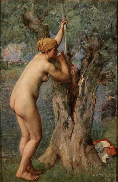 Female Nude Bather In River Landscape Oil Painting by Louis Dauvergne