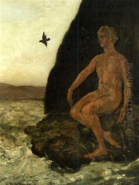 Nude Seated On A Rocky Coast Oil Painting by Arthur B. Davies