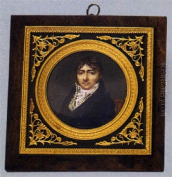 Portrait D'un Homme De Qualite Assis Sur Un Fauteuil, Portant Redingote Bleue, Gilet Raye Ivoire Et Vert, Chemise Et Noeuds Blancs Oil Painting by Cesarine (nee Mirvault) Davin