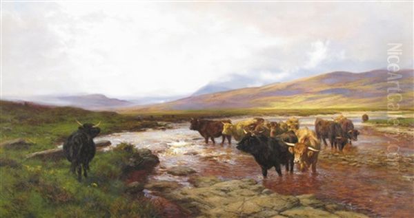 Highlanders Crossing A Burn, Argyllshire Oil Painting by Henry William Banks Davis, R.A.