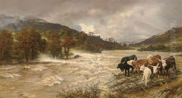 A Flood On The Wye, Subsiding Oil Painting by Henry William Banks Davis, R.A.
