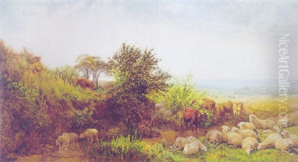 Kuhe Und Schafe In Hugellandschaft Oil Painting by Henry William Banks Davis, R.A.