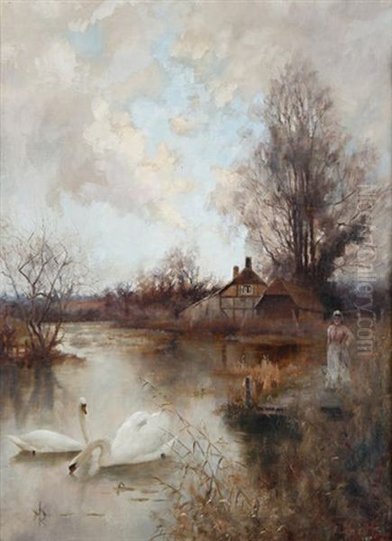 Swans On River Oil Painting by Valentine Davis