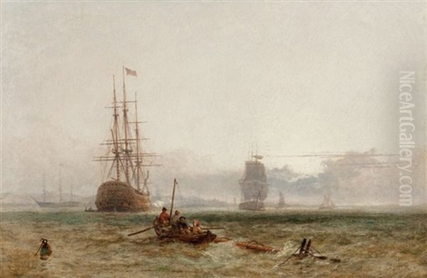 Frigates And Other Shipping Off Shore In A Light Breeze Oil Painting by Henry Dawson
