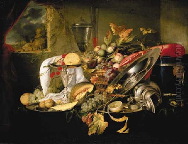 A Silver Tazza, A Basket And Silver Platters With Fruit, An Overturned Silver Flagon And Other Objects On A Draped Table Before A Window Oil Painting by Jan Jansz de Heem the Younger