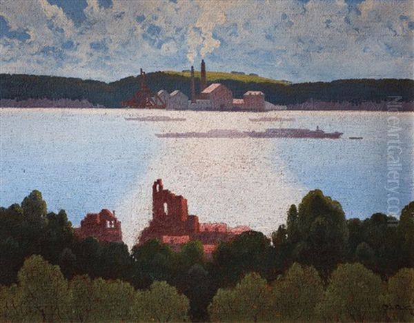 Paisaje Con Lago Oil Painting by Carlos Maria De Santiago