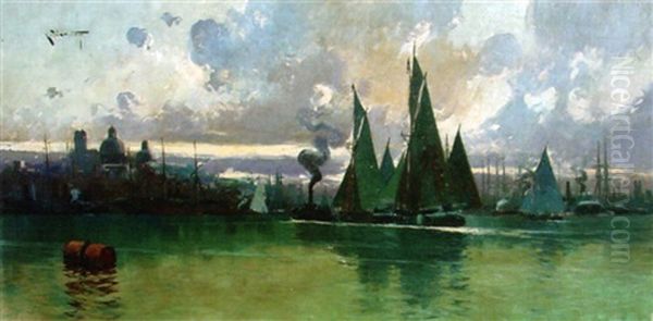 Vista Del Puerto De Montevideo Oil Painting by Carlos Maria De Santiago