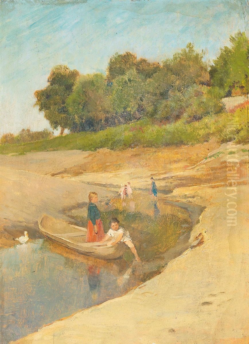 Children Playing In A Stream In Summer Oil Painting by Lajos Deak Ebner