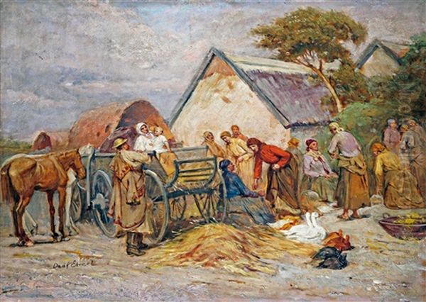 Market Scene Oil Painting by Lajos Deak Ebner