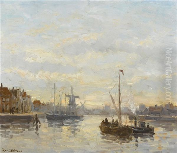 Hafenpartie Mit Windmuhlen Oil Painting by Rene Charles Louis Debraux