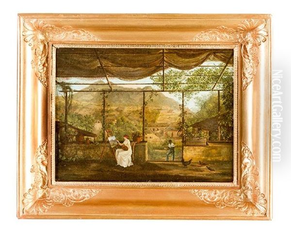 Brazilian Landscape With Lady Sitting By Easel Painting, A Servant, Under A Pergola, With View To A Village In Landscape Oil Painting by Jean Baptiste Debret