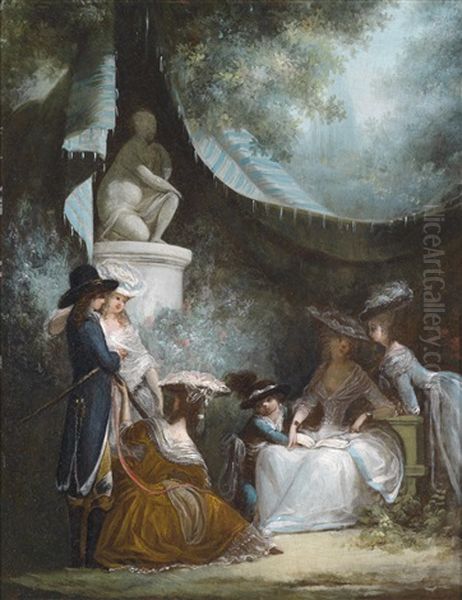 Eine Elegante Gesellschaft Unter Einem Zelt Im Park (+ Der Morgenbesuch; 2 Works) Oil Painting by Philibert-Louis Debucourt