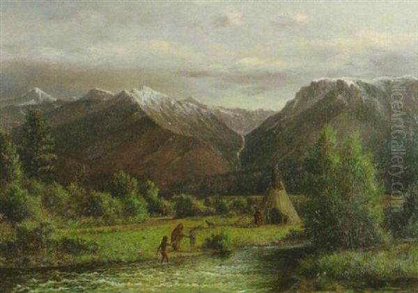 An Indian Encampment At A Mountain Stream Oil Painting by Ralph Earl Decamp
