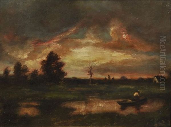 Landschaft Mit Weiher In Abenddammerung Oil Painting by Alexandre Gabriel Decamps