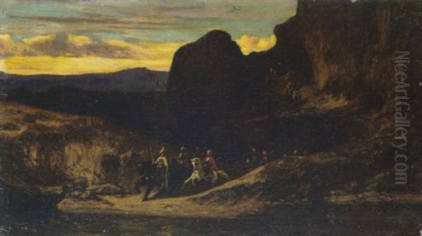 Felsige Landschaft Mit Orientalischem Reitertrupp Oil Painting by Alexandre Gabriel Decamps