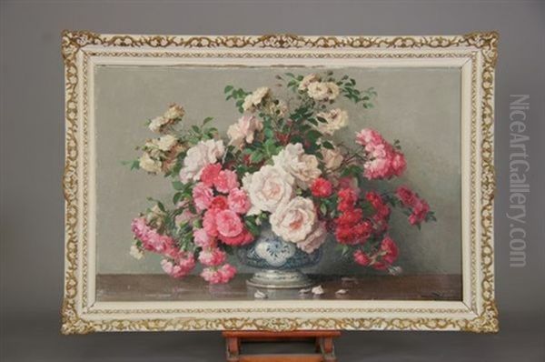 Vase De Roses Oil Painting by Maurice Alfred Decamps