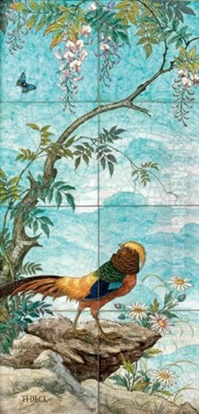 Deux Panneaux Decoratifs Composes Chacun De Huit Plaques En Ceramique, Fixees Sur Une Plaque De Platre Oil Painting by Theodore Deck