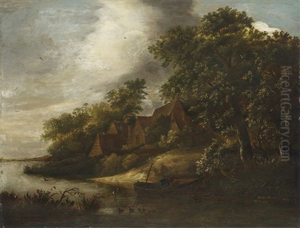 River Landscape With Fishing Boats Oil Painting by Cornelis Gerritsz Decker