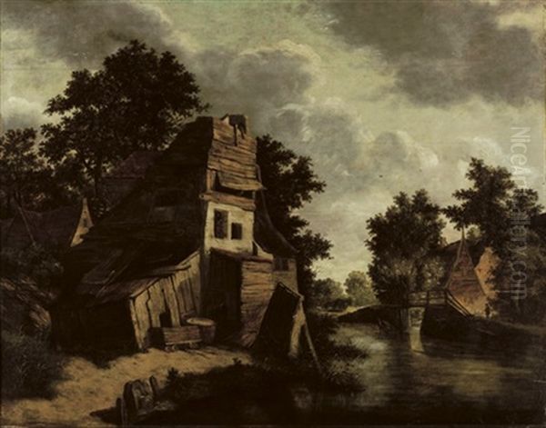 A House In A Wooded River Landscape With A Washerwoman In The Foreground Oil Painting by Cornelis Gerritsz Decker