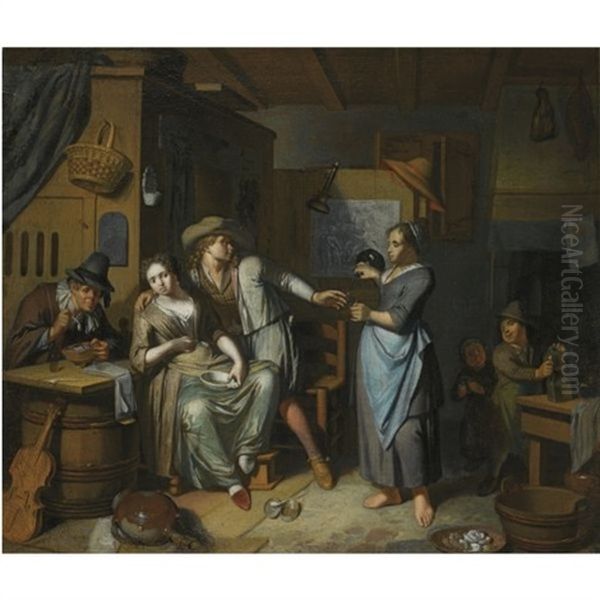 A Household Scene With A Maid Pouring A Glass For A Man Carousing A Seated Woman Holding A Bowl, Another Man Seated Lighting His Pipe, And Two Children In The Background Oil Painting by Frans Decker