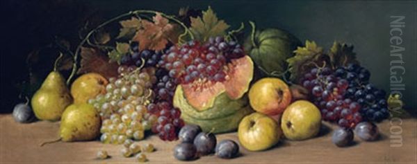 Still Life With Watermelon, Grapes, Pears And Plums Oil Painting by Joseph Decker